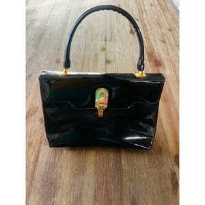 Vintage Lewis Black Patent Leather Handbag Structured Top Handle Gold Hardware